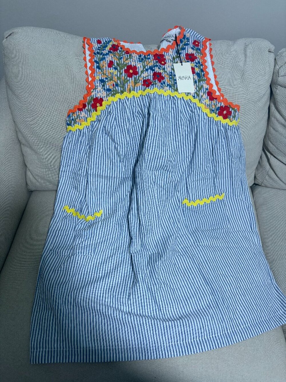 AVARA Blue Striped Floral Detail Short Dress